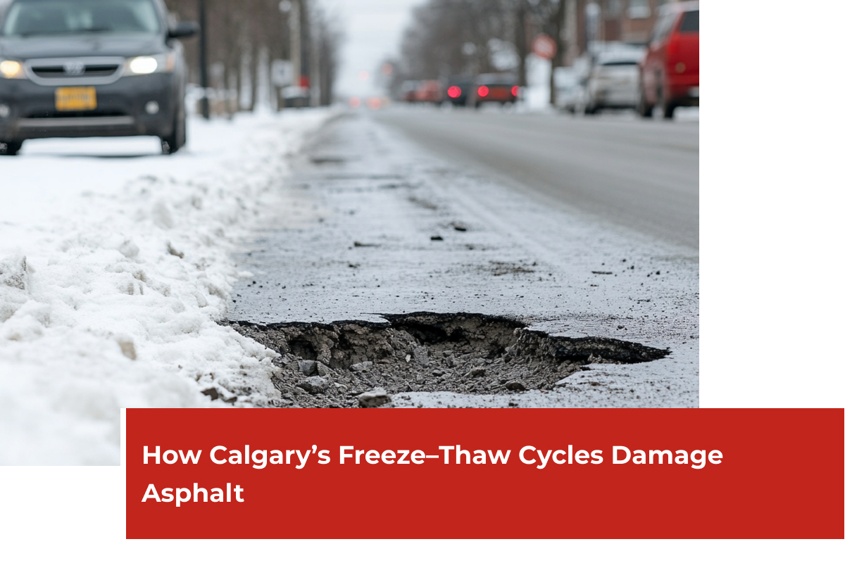 Bulldog-2025-10-01 A large pothole on the side of a road during a cold winter day. Bulldog Paving is ready to help you prevent dangers like these caused by freeze-thaw cycles.